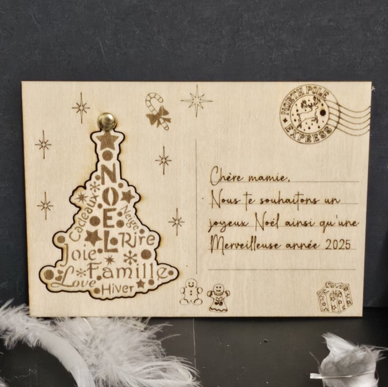 Carte de Vœux en Bois Gravée – Édition Noël et Nouvel An